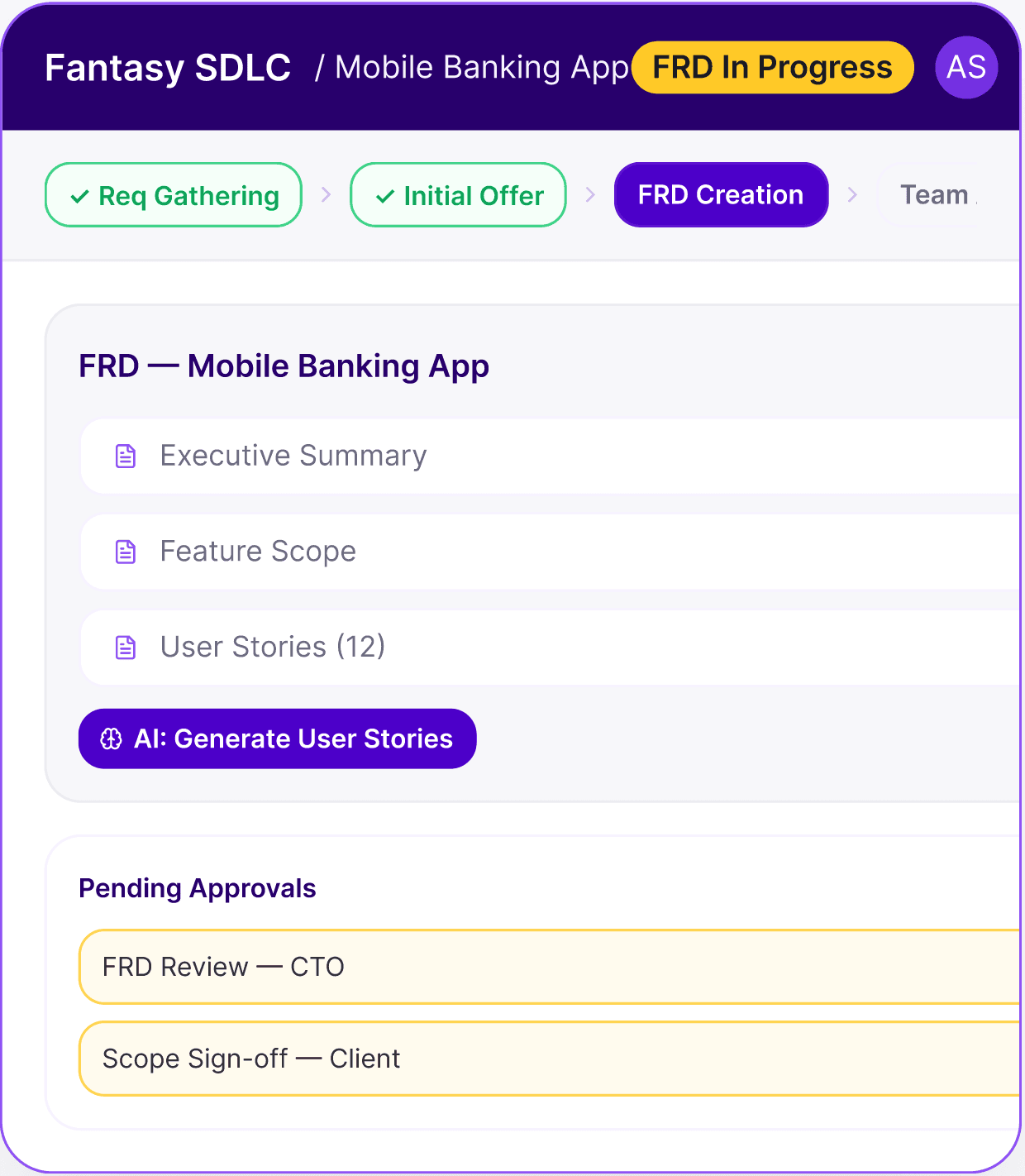 Fantasy SDLC dashboard showing the FRD Creation stage for a Mobile Banking App project, with pending approvals, client view, timeline, and documents panels