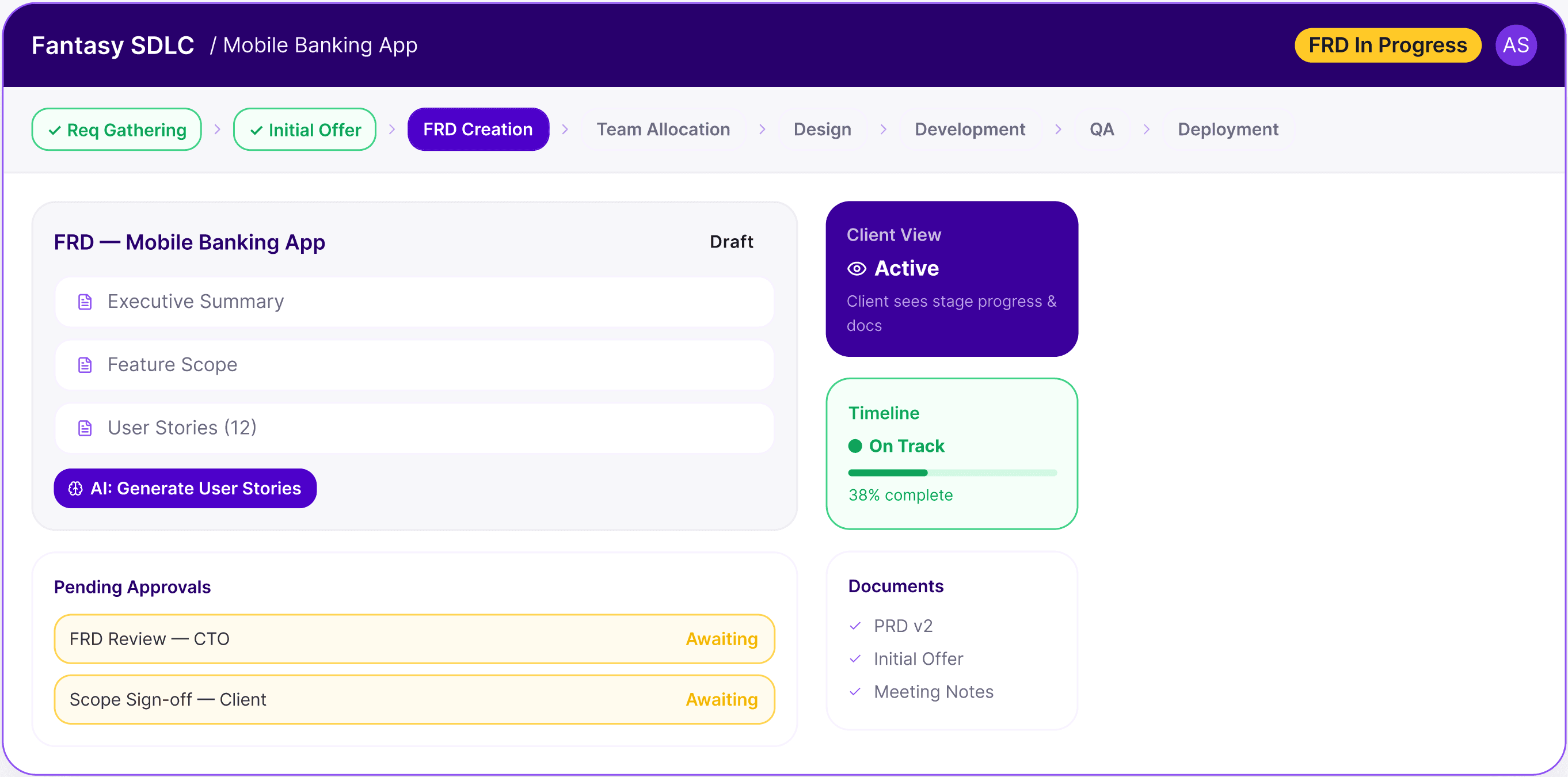 Fantasy SDLC dashboard showing the FRD Creation stage for a Mobile Banking App project, with pending approvals, client view, timeline, and documents panels